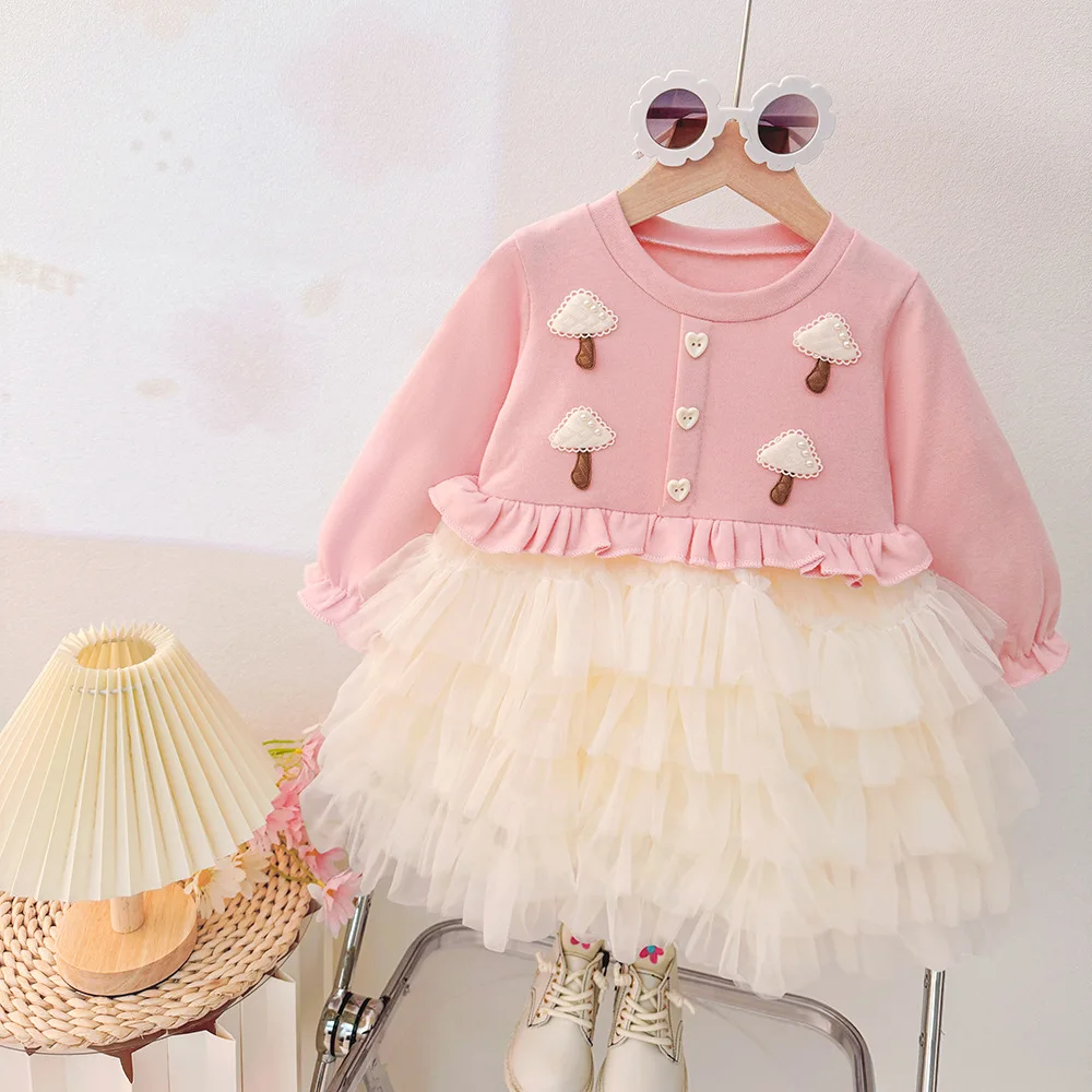 Autumn New Cute Pearl Mushroom Baby Girl Dress, Princess Style Children'S Clothing (9 Months -3 Years Old)