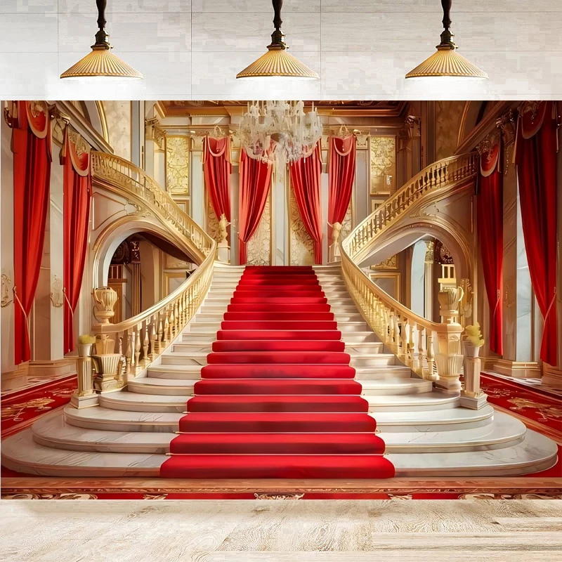 Photography Backdrop Luxurious Red Carpet Palace Background European Royal Golden Castle Poster Red Carpet Palace Banner