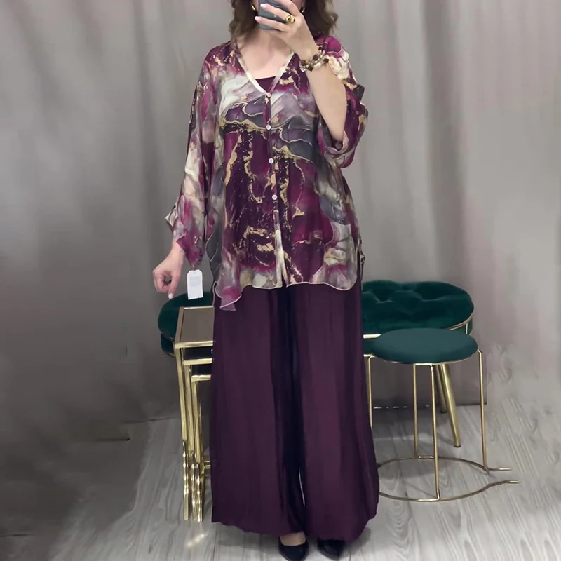 Retro Marble Print Loose Women Outfit Spring V Neck Button Blouse Shirt & Pleated Pants 2pcs Autumn Long Sleeve Female Suits Set