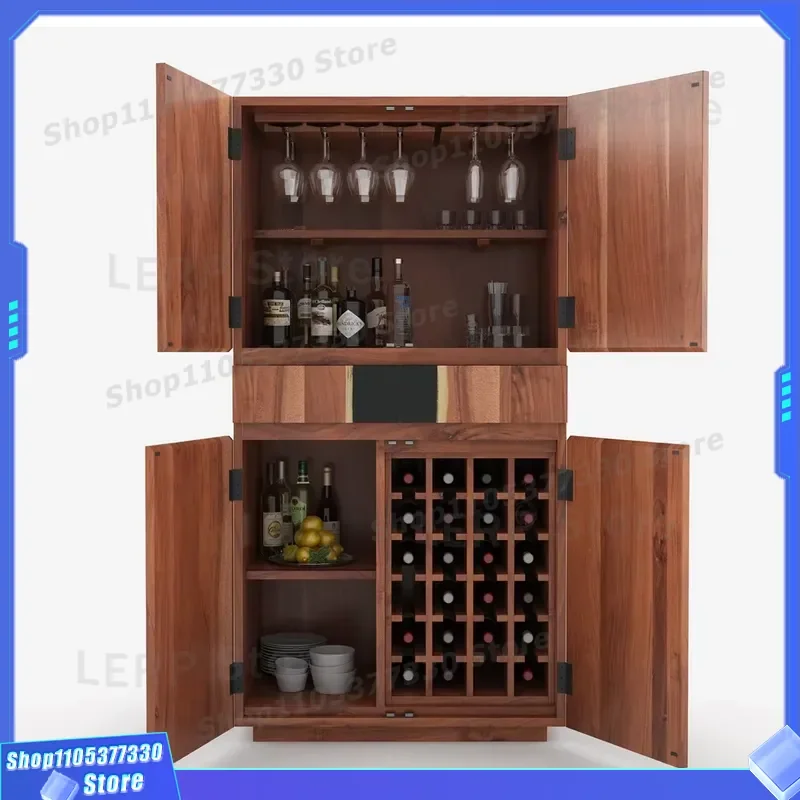 Modern Freestanding Wood Bar Cabinet with Wine Rack and 4 Storage Compartments Drawers Handmade Pindel Design for Family