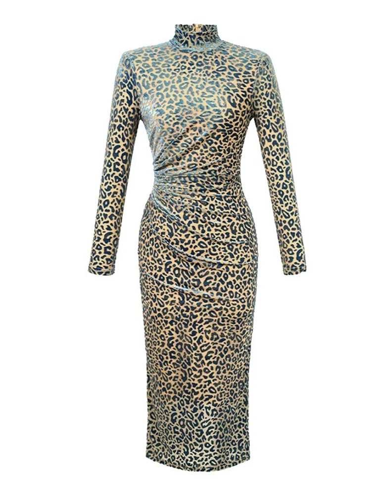 Spring Autumn Long Evening Dress Women Ladies Leopard Long Sleeve Bodycon Midi Prom Robe Femme Mujer Vestidos Stretchy Clothes