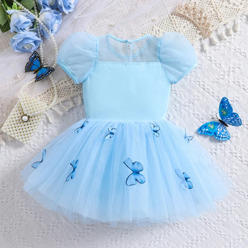 فستان رقص سندريلا للفتيات مزين بالترتر على شكل فراشة ملابس باليه للأميرة من عمر 2 إلى 8 سنوات زي تدريب للأطفال فستان أزرق فاخر