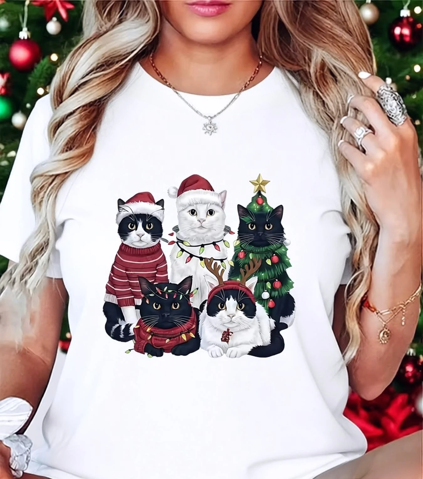 Women's Christmas Cute Cat T-shirt Christmas Dress Up Cat Printed Comfortable Skin Friendly Slimming Summer Holiday Daily Tops