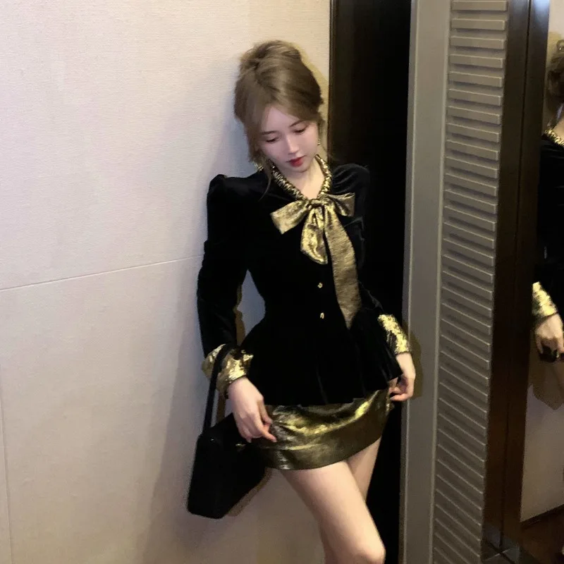 Camisa de terciopelo con pajarita para mujer, Tops Vintage con manga abombada y cintura ajustada, Blusa elegante de fiesta a la moda para primavera 2025