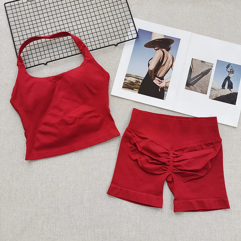 Damen-Sport-BH-Set mit Halsband, schöner Rücken, Yoga-Anzug, zweiteiliges Top, hochtailliertes, hüftformendes Fitness- und Gym-Set, Shorts-Sets – Detail 20