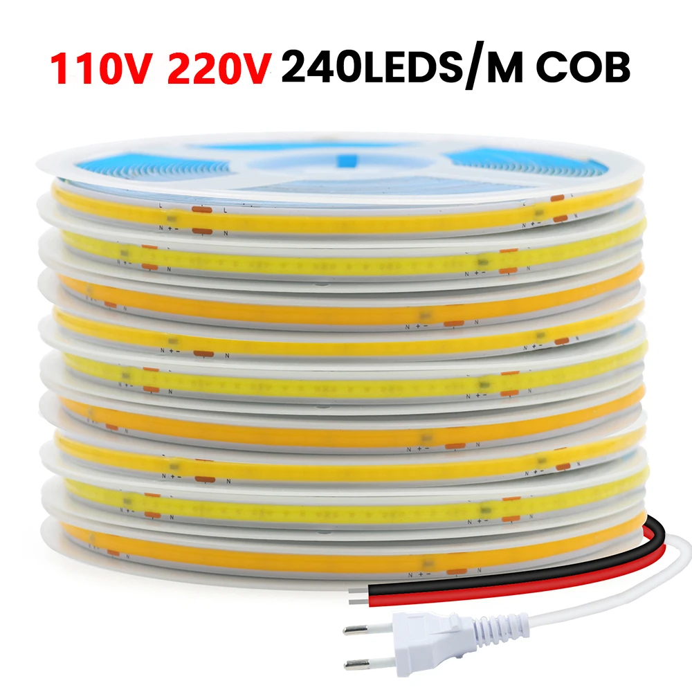 

110 В 220 В Супер яркая светодиодная лента COB 240 светодиодов/м 2-контактная проводная лента Гибкая лента Вилка европейского стандарта США 5 м 10 м 15 м 20 м Освещение комнаты 8 мм печатная плата