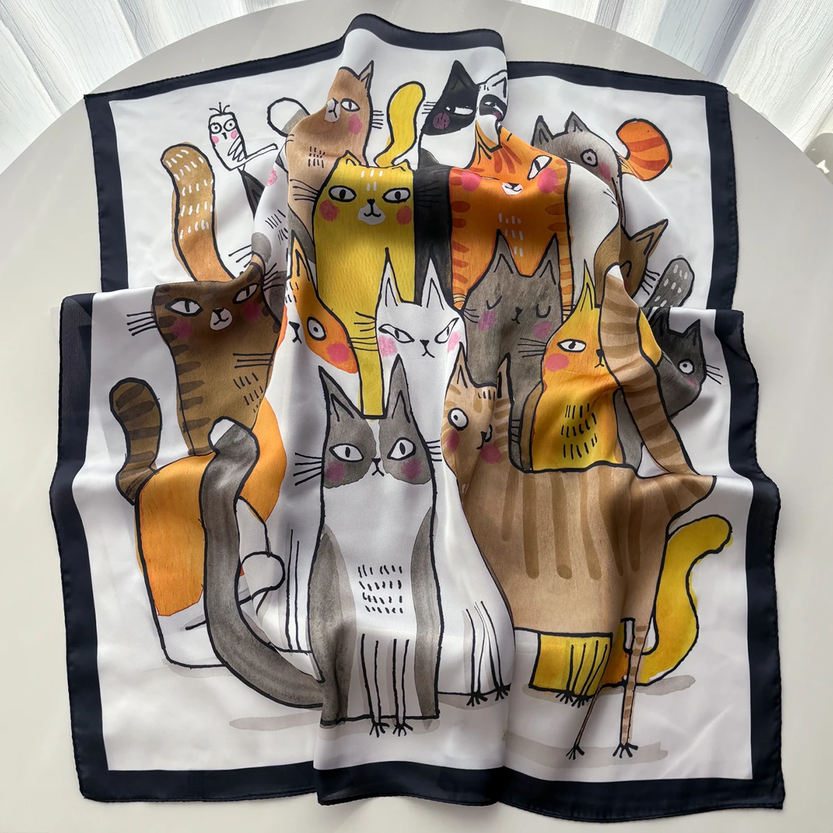 Bufanda cuadrada de seda de imitación para mujer, accesorios de moda con estampado de gato Animal, diadema, pañuelo para el cuello