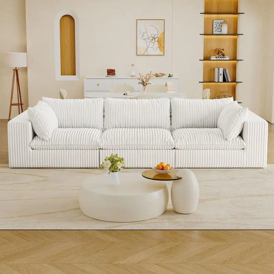 

118 Cloud Modular Sectional Sofa with Deep Seat, 3 Seater Corduroy Couch with Removable Washable Covers, Minimalist White Sofa