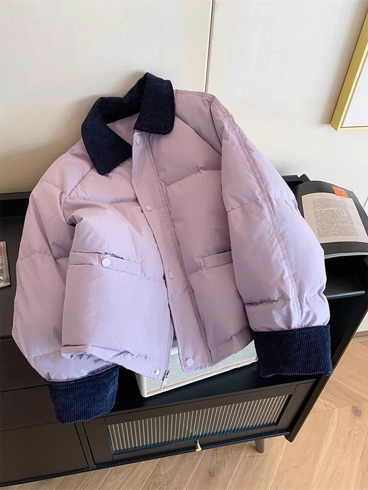 French Retro Contrast Color Spliced Cotton Coat Women's New Temperament Lapel Collar Winter Jackets Lady Thicken Warm Outerwear