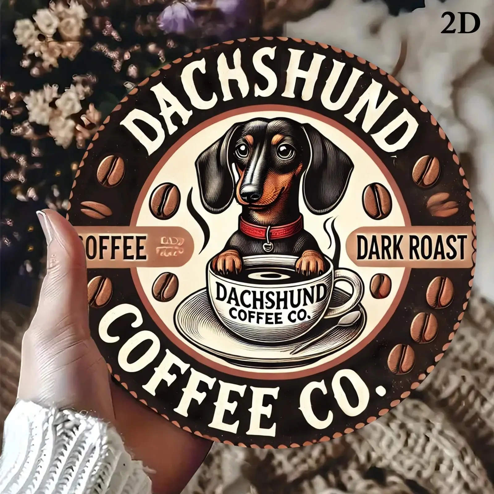 Dackel Coffee Co. 7,8" runde Aluminium-Wandkunst – Vintage-inspiriertes dunkles Röstungsdesign, langlebiges Metallschild für Café, Schlafzimmer, Ba
