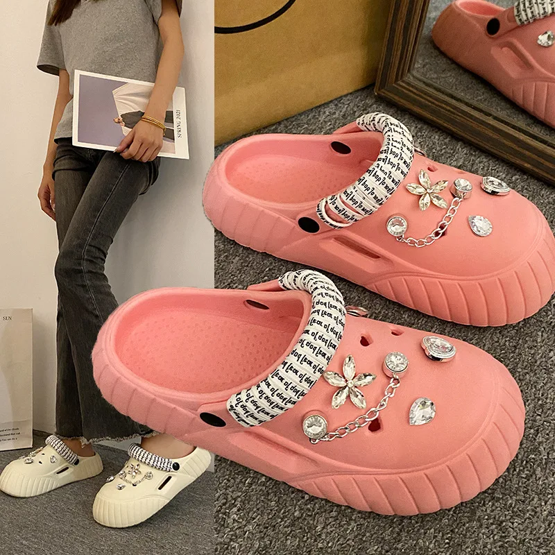 Women's Hole Shoes Summer Cartoon Accessories Hole Slippers Anti Slip Thick Sole Indoor Sandals Outdoor Beach Slippers Sandals