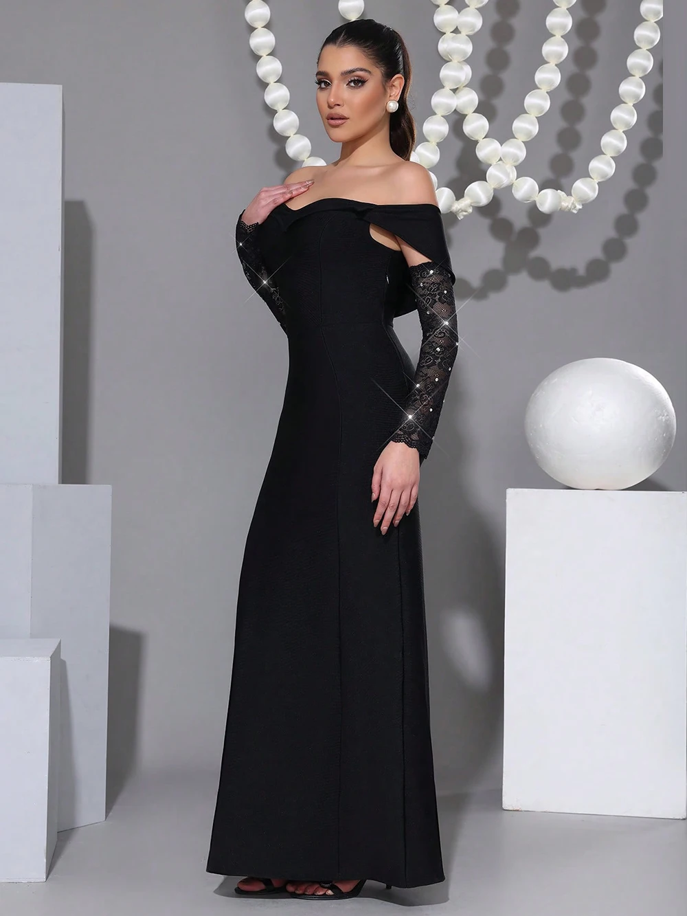 Robe Maxi à bandes noire élégante avec manches en dentelle, épaules dénudées, diamant, robes d'occasion formelles pour soirée de mariage