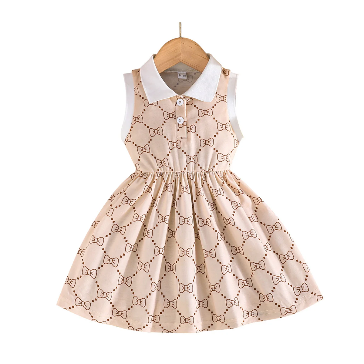 vestido-infantil-com-estampa-de-laco-bege-vestido-de-princesa-sem-mangas-com-gola-virada-para-baixo