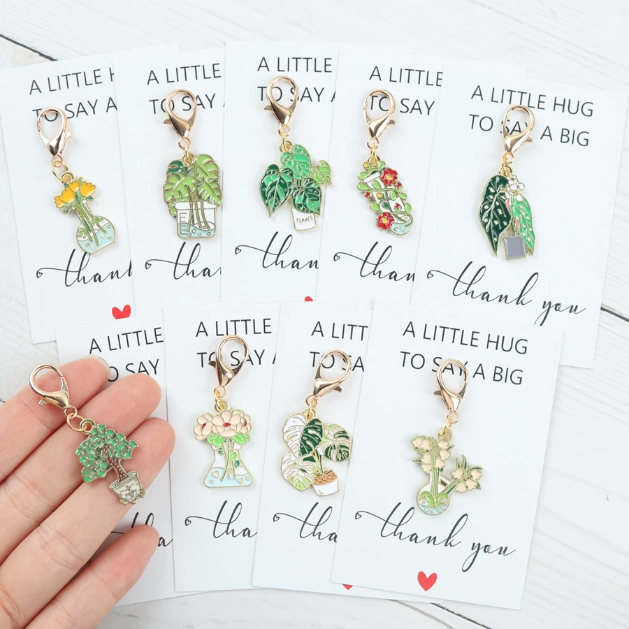 9pcs Green Potted Plant Keychain Decorations, Creative Couple’s Gift, Cute Bag and Zipper Handle Accessories, with a Thank-You C image 4