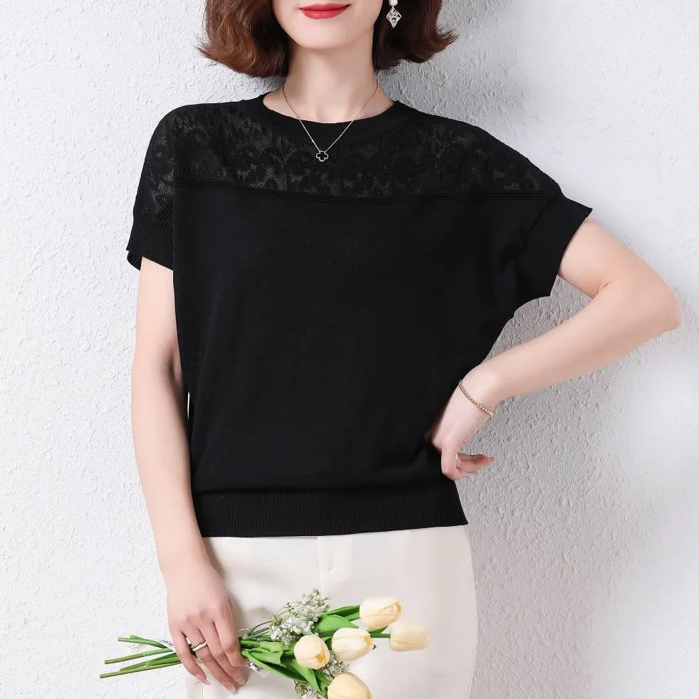 Summer Ice Silk Knitted ort Sve T-irt Women's Slim Fit Hollow out round Ne Top Ele Faion Thin Hollow Sve