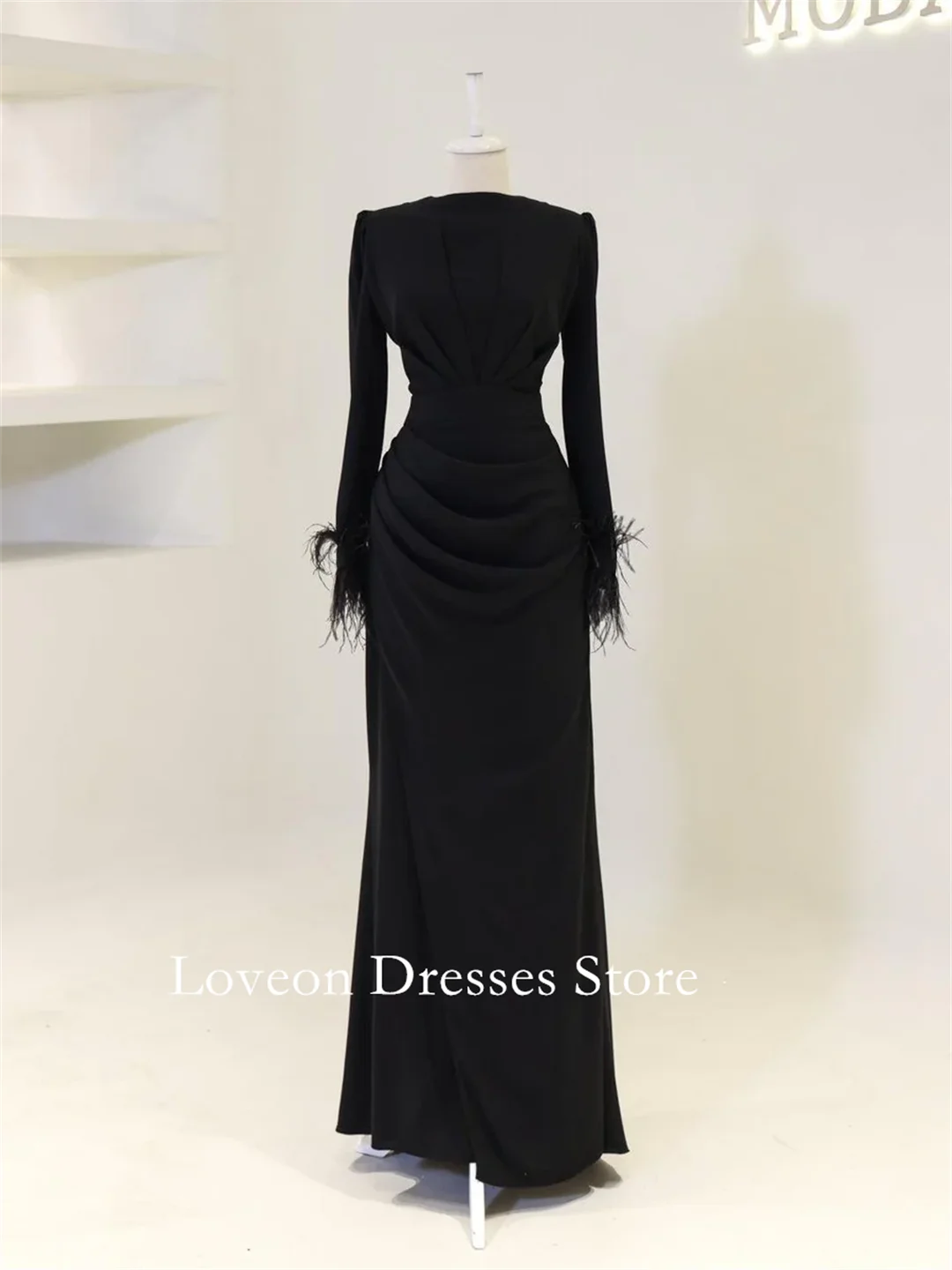 O-pescoço crepe penas vestidos de noite formais ruched sereia mangas completas estilo árabe personalizado elegante baile de formatura crescidos festa feminina