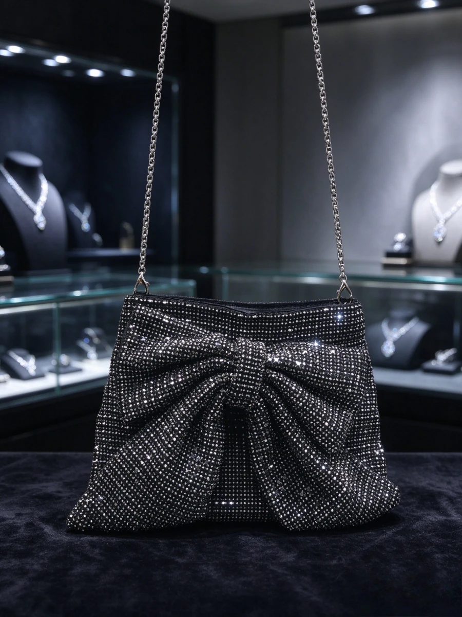 Women Black Rhinestone Bow Evening Shoulder Bag Elegant Full Crystal Crossbody Handbag With Detachable Chain Strap Mature Ladies