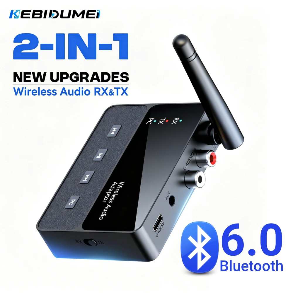 KEBIDUMEI 2-in-1 Bluetooth 6.0 Empfänger Sender 3,5-mm-Klinkenstecker RCA Hi-Fi Stereo Wireless Audio Adapter für Auto Lautsprecher PC
