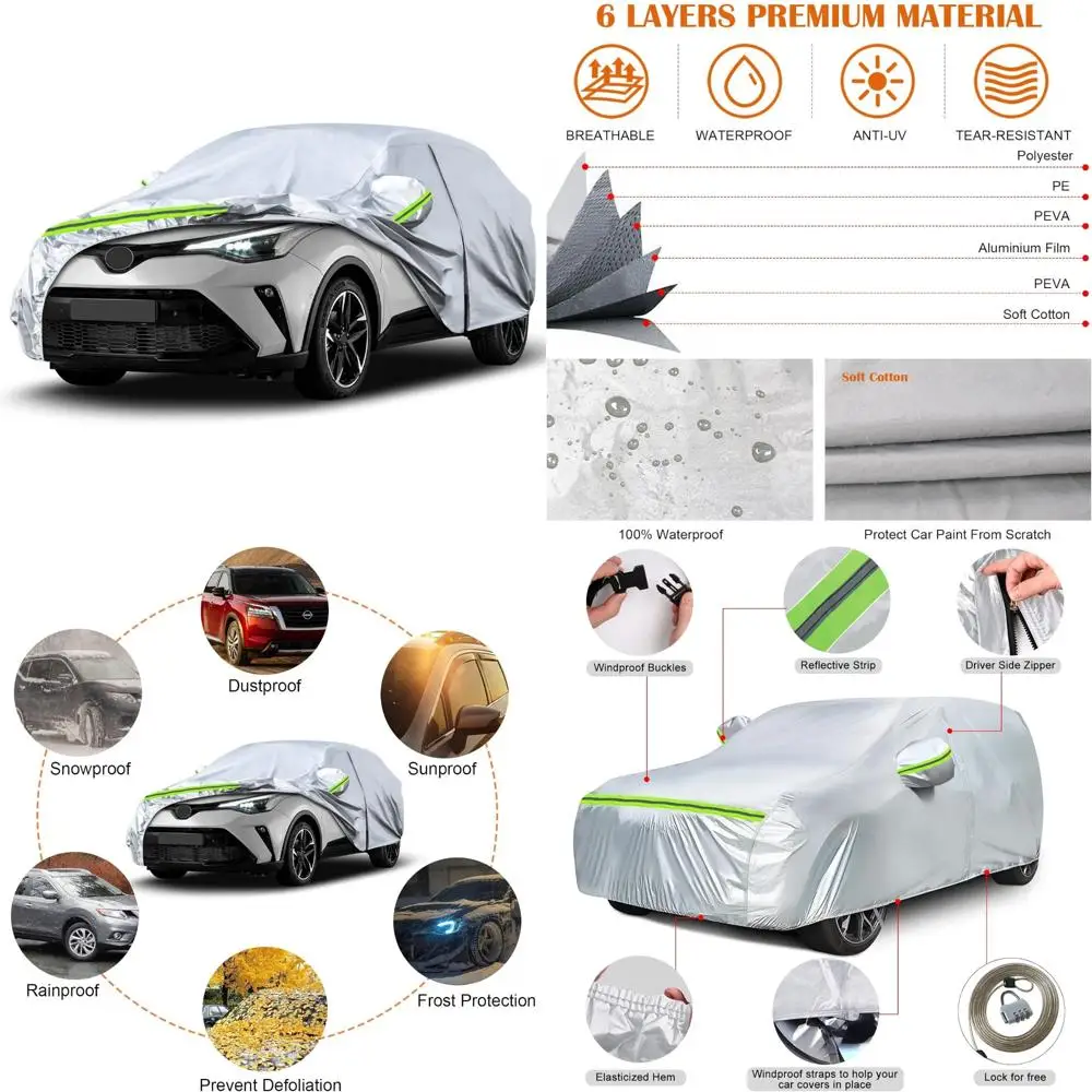 

Всепогодный 6-слойный серебряный автомобильный чехол с дверцей на молнии и ветрозащитным ремешком для моделей 2018-2024 гг.