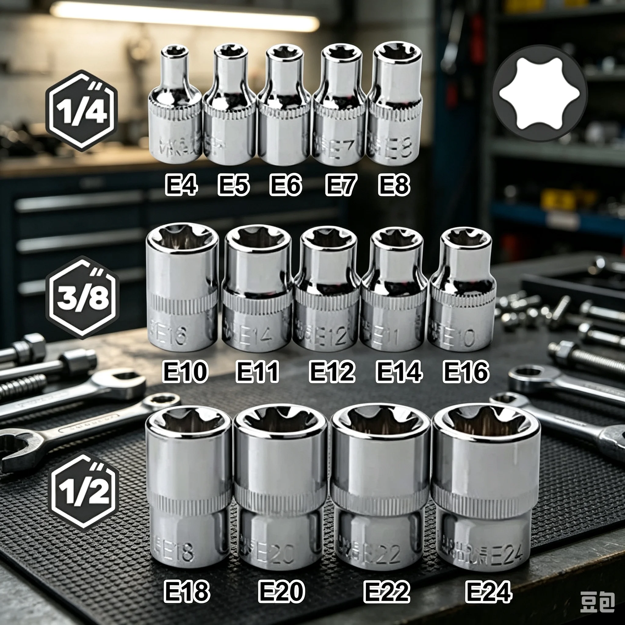Набор из 14 штук торцевых головок E-Torx для гайок E4-E24