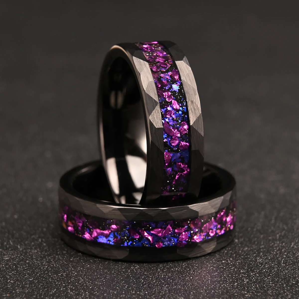 8MM Black Tungsten Carbide Ring Men's Wedding Bands Classic Hammered Ring Jewelry Galaxy  Engagement & Amethyst Wedding Rings