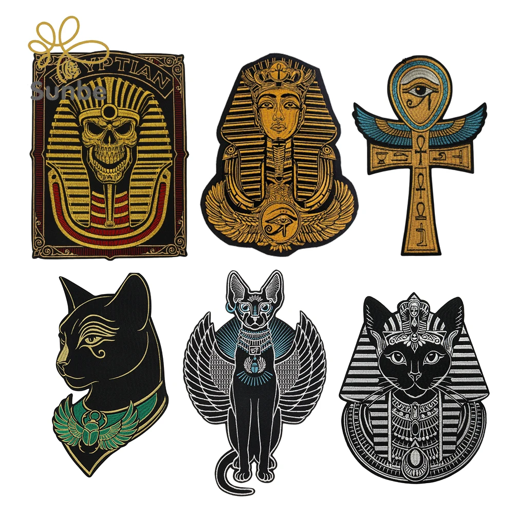 Egyptian Theme Embroidery Iron On Patches Pharaoh Cat Design Heat Activated Adhesive for Clothing Bag Decor Garment Repair DIY C