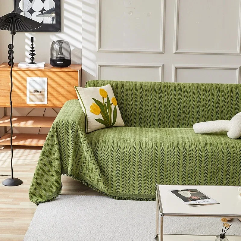Herringbone Chenille Couch Cover Thick Heavyweight Sofa Towel Blanket Tassel Anti-Scratch Furniture Protector Slipcover Decor
