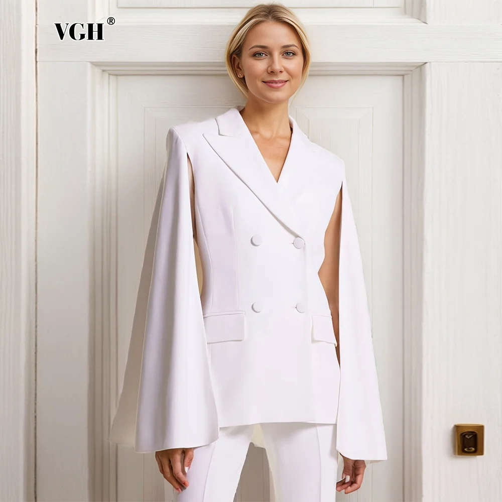 

VGH Elegant Solid Loose Chic Blazer For Women Notched Collar Cloak Sleeve Spliced Double Breasted Minimalist Coat Female Style