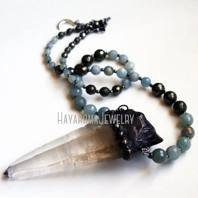 NM43356 Massive Brazilian Lumerian Quartz Crystal Aquamarine Necklace Large Clear  Statement  Halloween