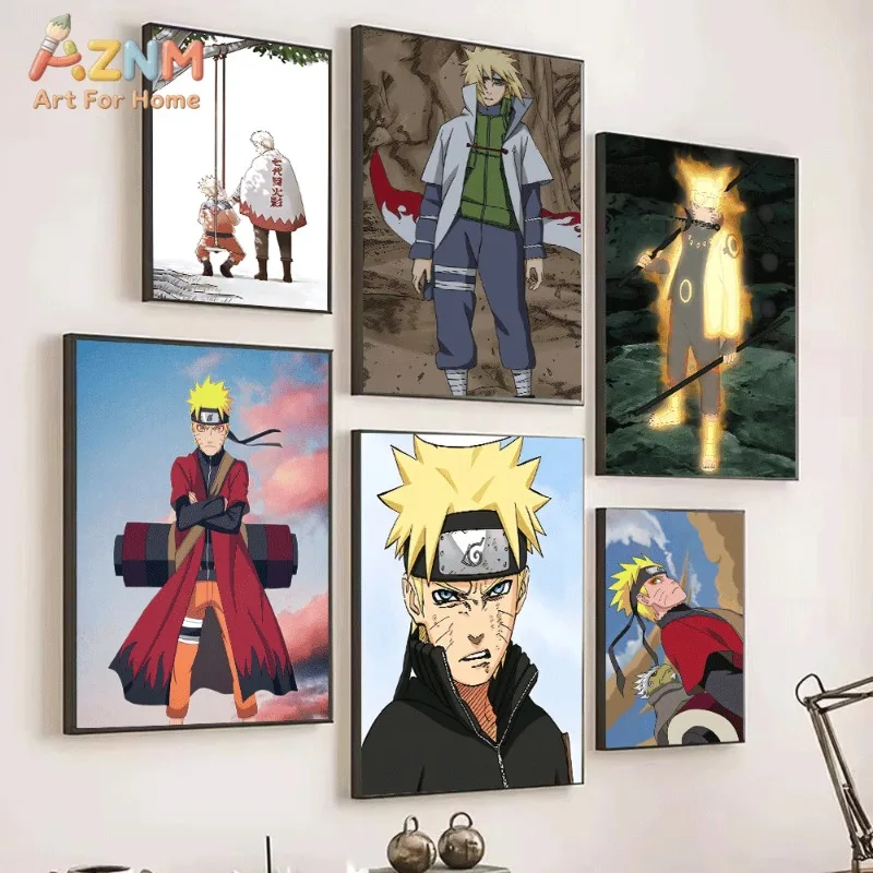Naruto Canvas Wall Art Seventh Hokage Father Son Scene Anime Print With Classic Ninja Portraits For Teen Boys BedroomUnframed