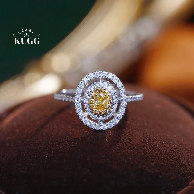 KUGG 100% 18K White Gold Rings Luxury Oval Design Real Natural Yellow Diamond Enagement Ring for Women High Wedding Jewelry