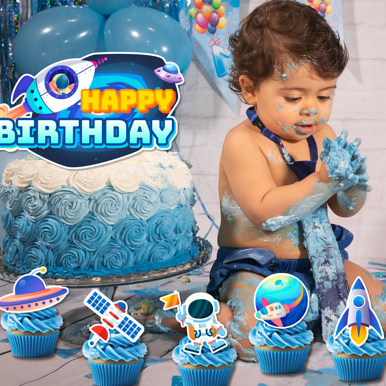 قطعة علوية للكيك الفضائية، 25 قطعة من زينة الكيك الفضائي - قطعة علوية للكيك على شكل مساحة + 24 قطعة علوية لتزيين حفلات الفضاء #4