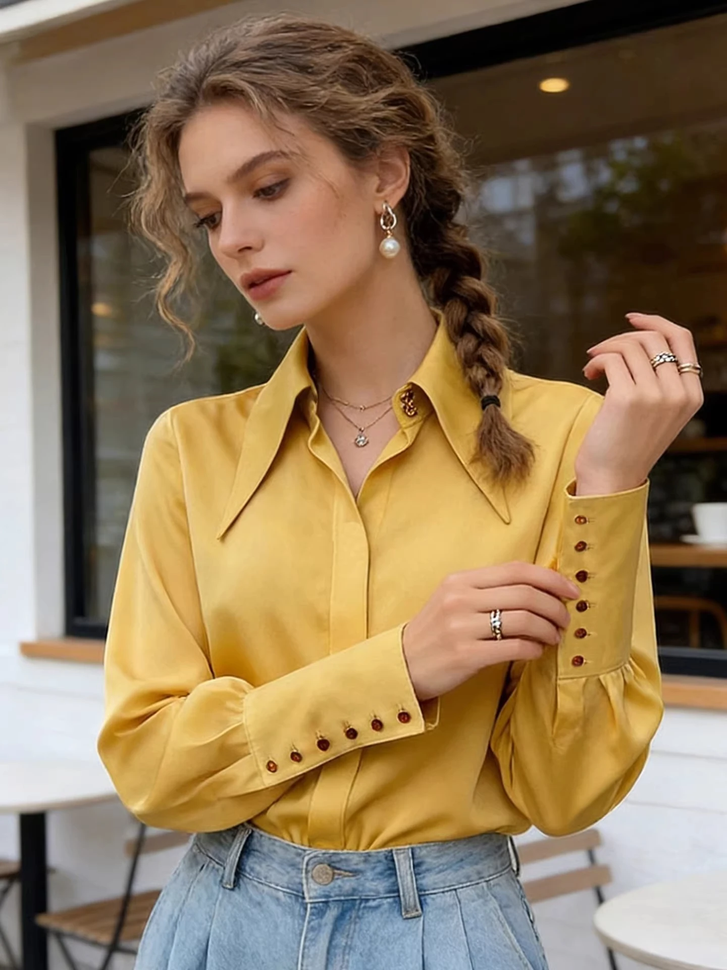 

Yellow Silk Blend Loose Fit irt with Large Collar for Women Commute Profional Casual Sle Long Sve Button up Top