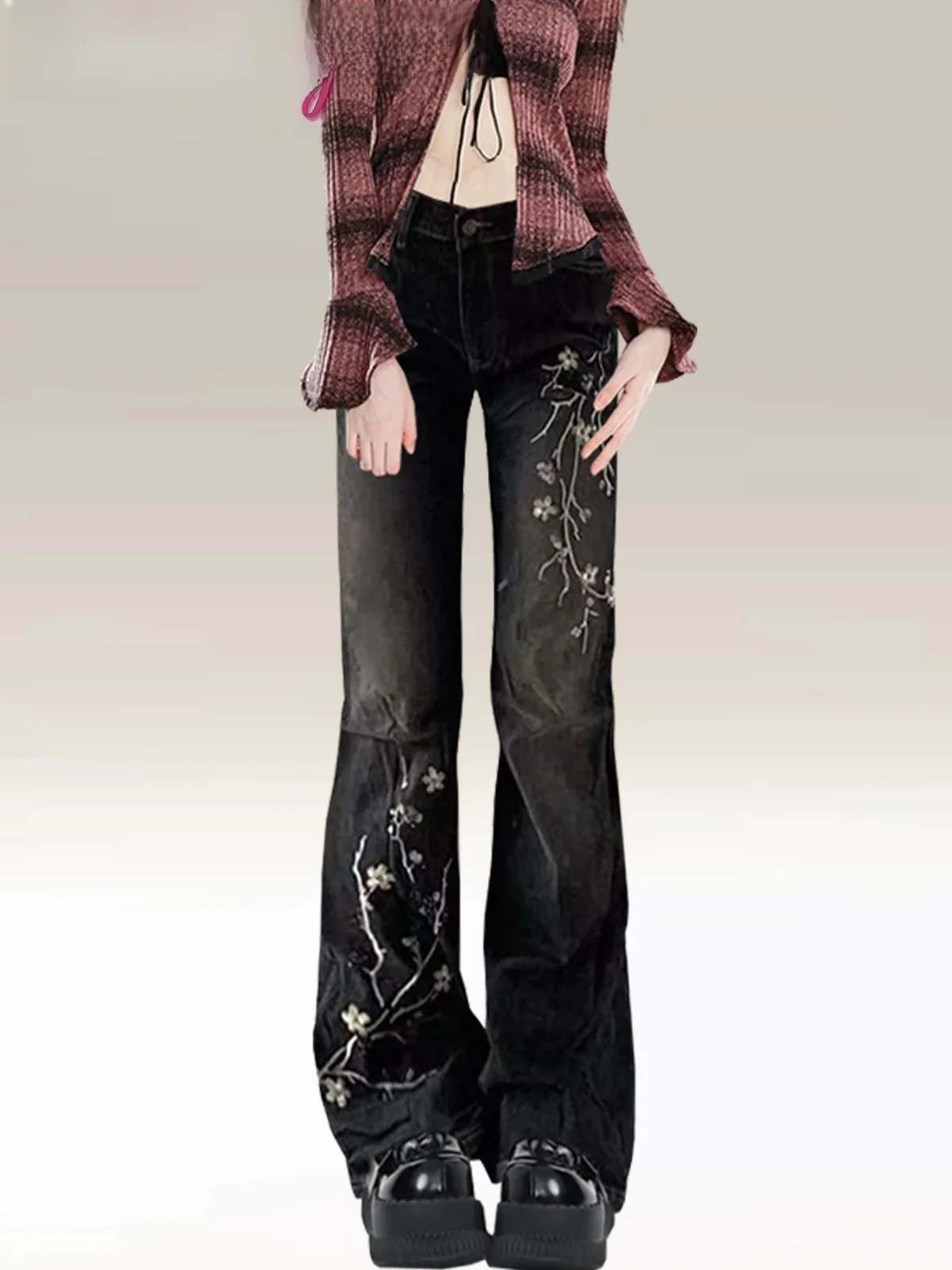 Retro American Y2K Plant Embroidery Flared Jeans Women's Spicy Street Style Slimming Wide Leg Floor-Length Pants