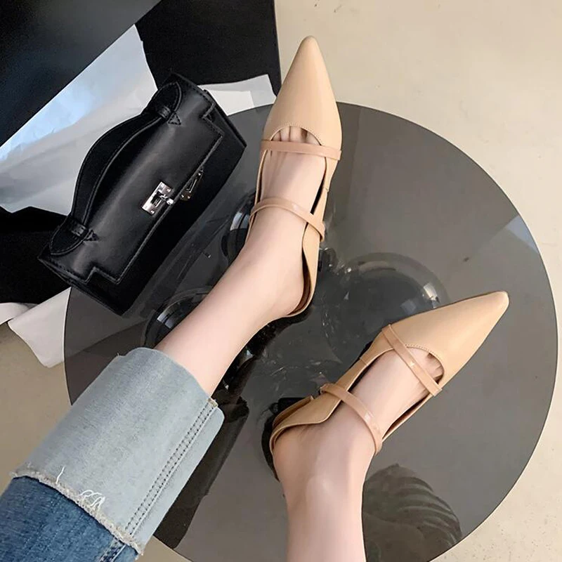 Korean Style Pointed Toe Flats Half Slippers Women 2024 Spring New Belt Strap Mules Shoes Genuine Leather Slides Females Zapatos