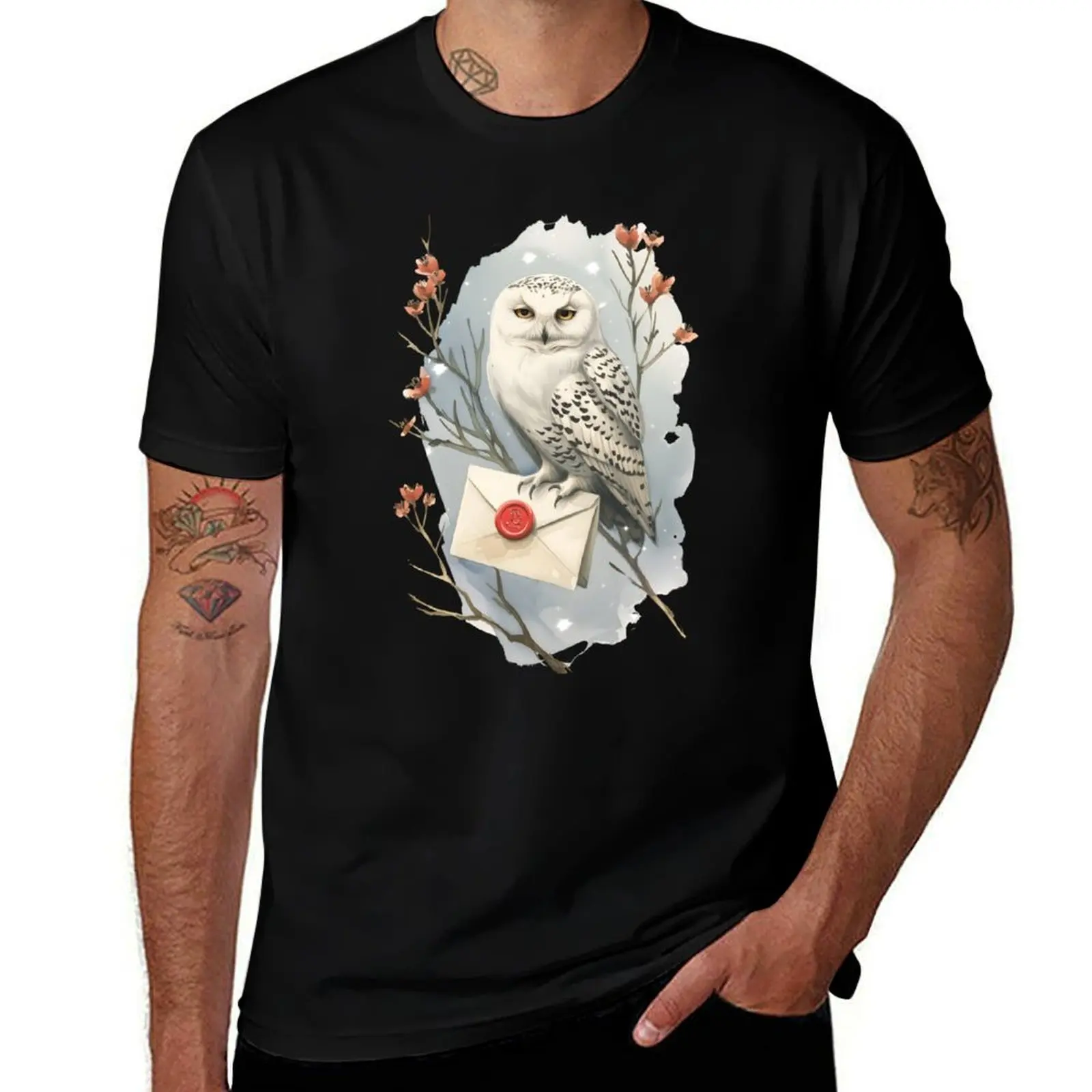 Perched Owl with a Sealed Envelope - Fantasy T-Shirt korean fashion oversized custom shirt mens cotton t shirts