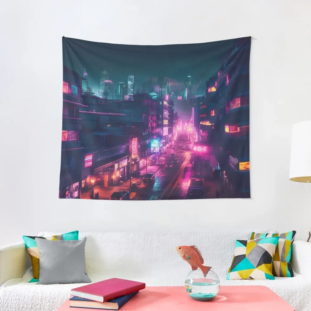 

Bright Synthwave Lofi city at nightime Tapestry Nordic Home Decor Bathroom Decor Room Decorations Home Decorations Tapestry