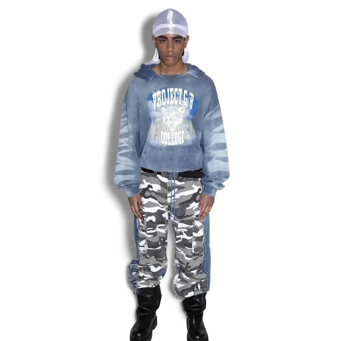 

Grailz new autumn-winter water-washed distressed leopard-head letter print holey hooded sweatshirt for men Project G/R