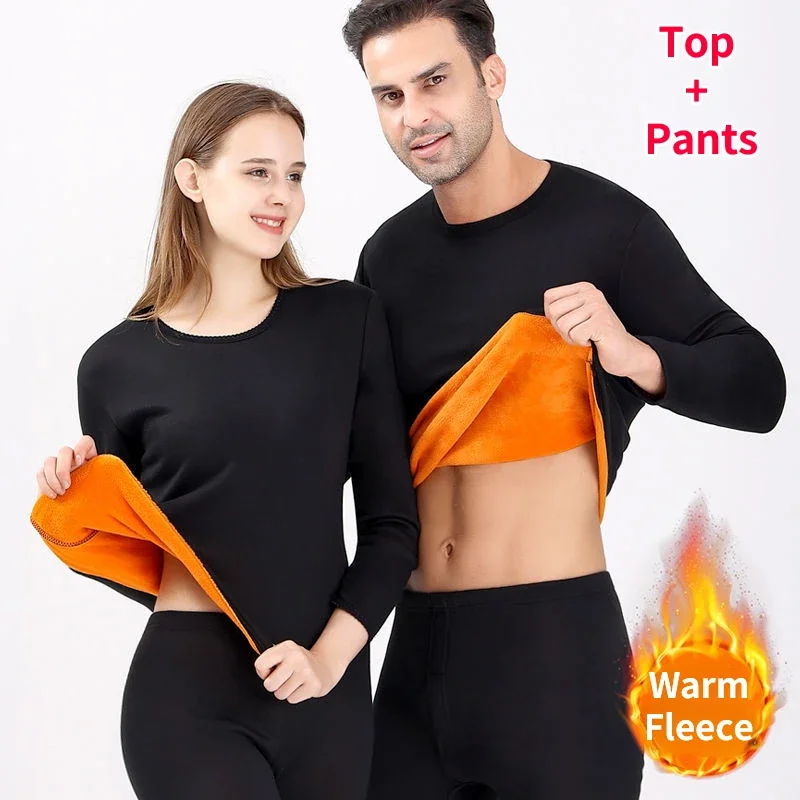 

New Winter Thermal Underwear Set Men's Thickening and Fleece O-neck Long Johns and Tops Women's Cold Protection Couple Suit
