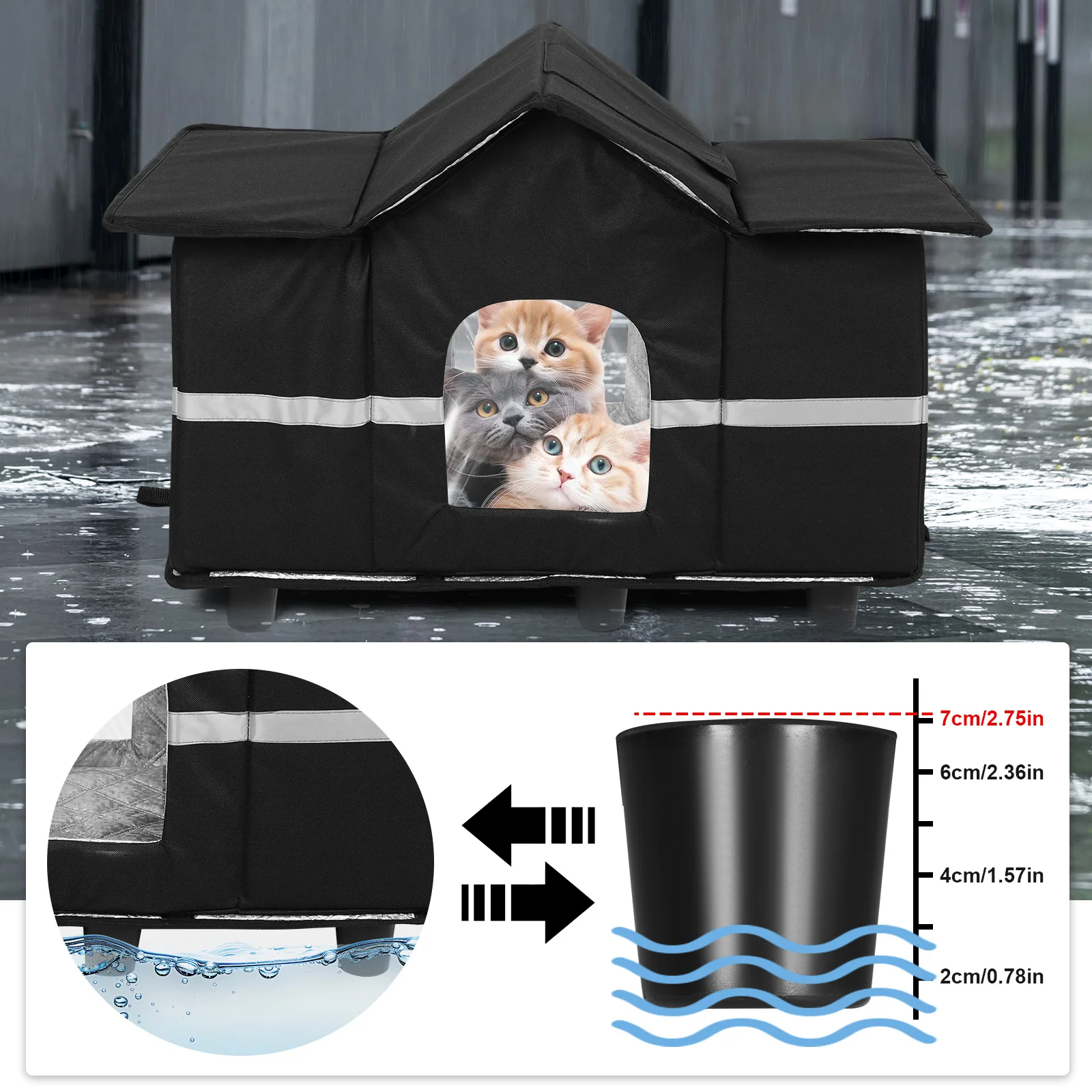 

Waterproof Outdoor Elevated Pet House & Roof Window Insulated Cat Shelter Feral Cat House for Stray/Barn Cats with Cozy Cushion