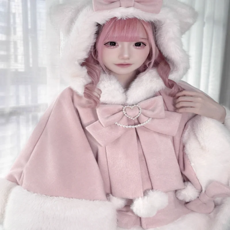 الفتيات الحلو لوليتا الخريف الشتاء مقنعين عباءة اليابانية لطيف القوس الرؤوس العباءات Y2K أفخم الدافئة سترة قصيرة سيسي تأثيري حلي #6