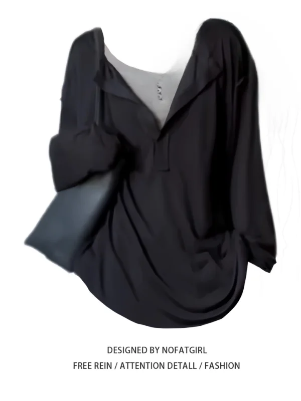 Loose V-Neck Long Sleeve T-Shirt Set plus Size Women's Korean Style Lazy Color Block Thin Autumn Top Casual Comfortable Outfit