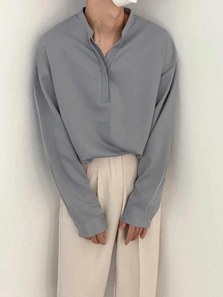 

Мужская рубашка с длинным рукавом и воротником хенли, свободного кроя, в корейском стиле, универсальная, осенняя, молодежная, однотонная, с воротником-стойкой, против морщин