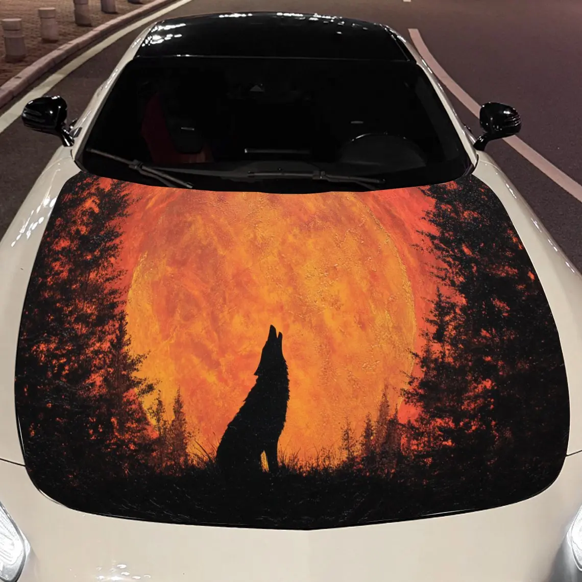 

Lively Wolf Howling at Sunset Car Engine Hood Sticker, Auto Vinyl Wraps, Waterproof Self-adhesive Vehicle Decal, Durable & Anti-
