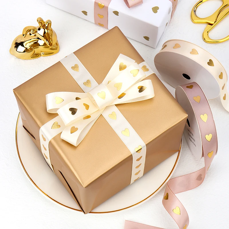 16mm Love Ribbons Gold Foil Printed Satin Birthday Wedding Gifts Box Packaging Party Valentine\'s Day Decor Handmade Material DIY