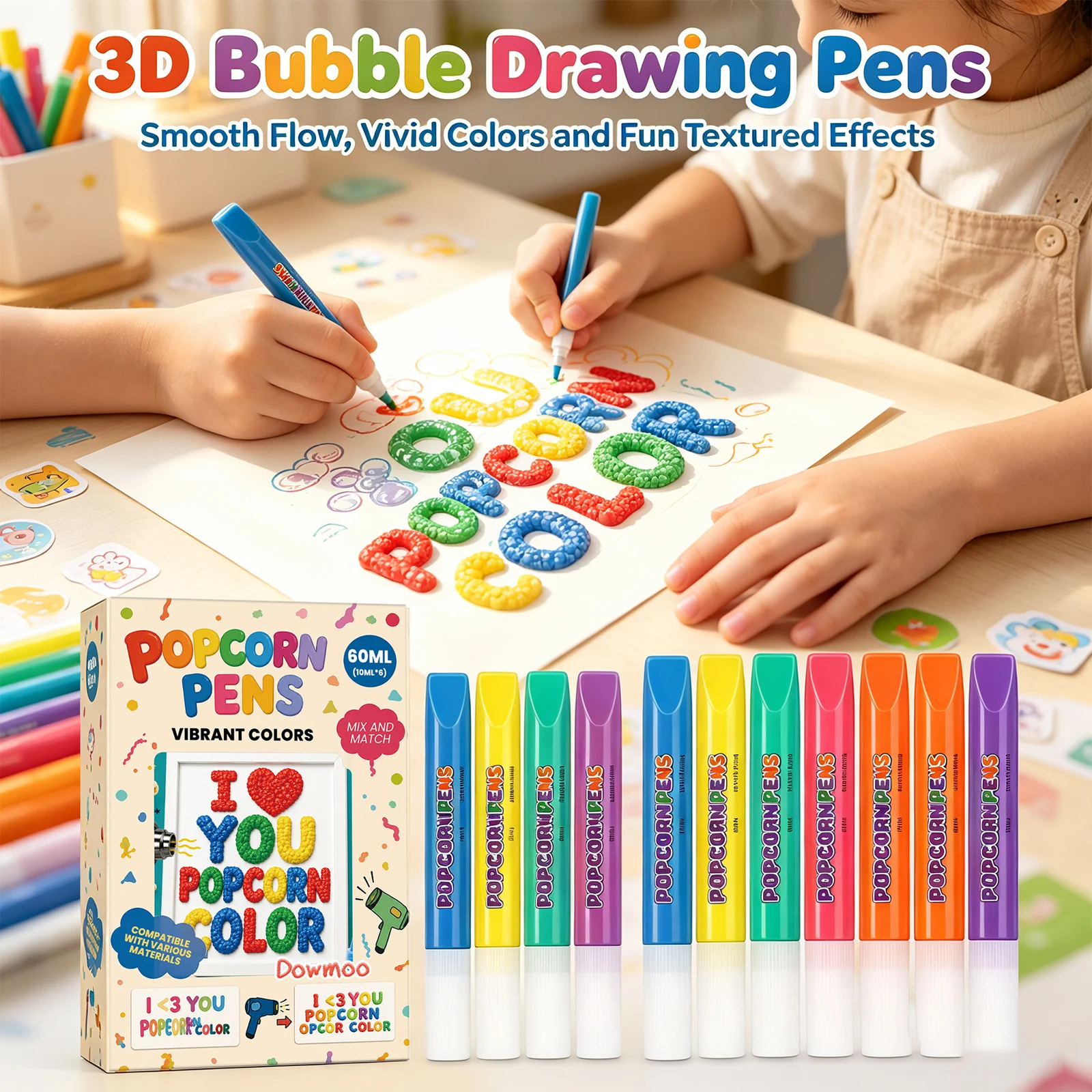 Multi‑color DIY Art Craft Drawing Pen Dimensional Popcorn Texture Pattern Enrich Drawn Images Layers 3D Puffy Bubble Marker Set