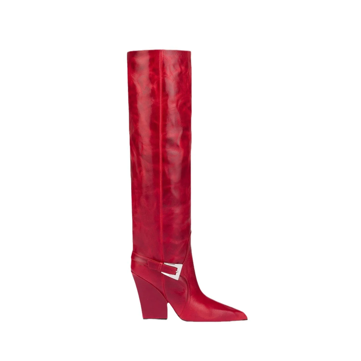 Buckle Strap Sleek Wedge Footwear Buckle Pump Mid Calf Boots Sharp Point Toe Women Shoes Leopard Slouch Shaft Decorative