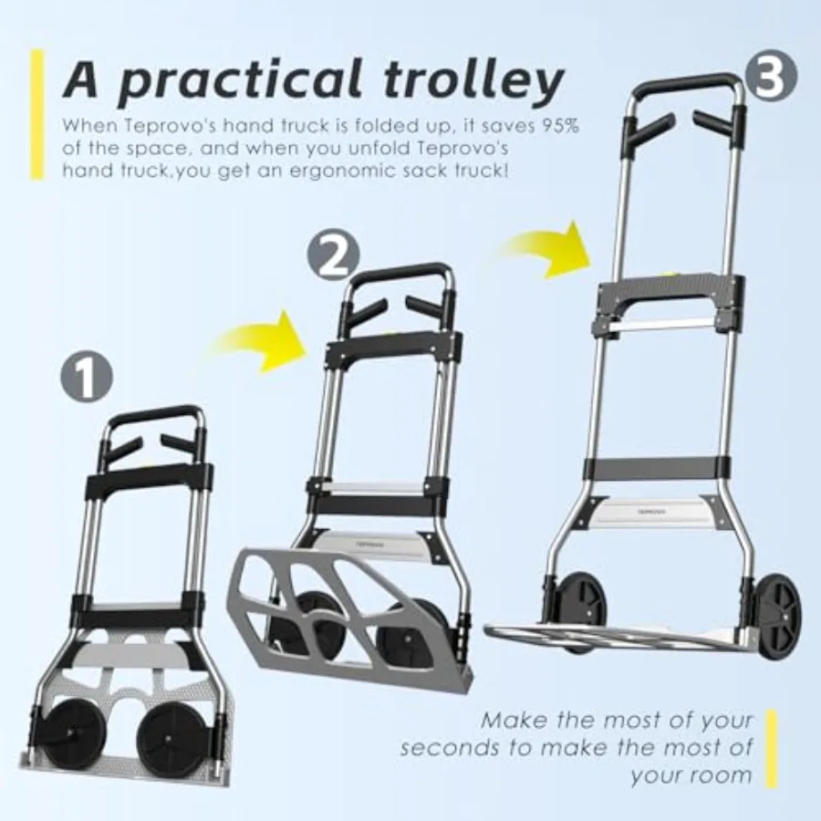 عربة دوللي يدوية قابلة للطي بسعة 340 رطل، تصميم ألومنيوم محمول يتميز بمقبض تصغير وعجلة مطاطية مقاس 7 بوصة