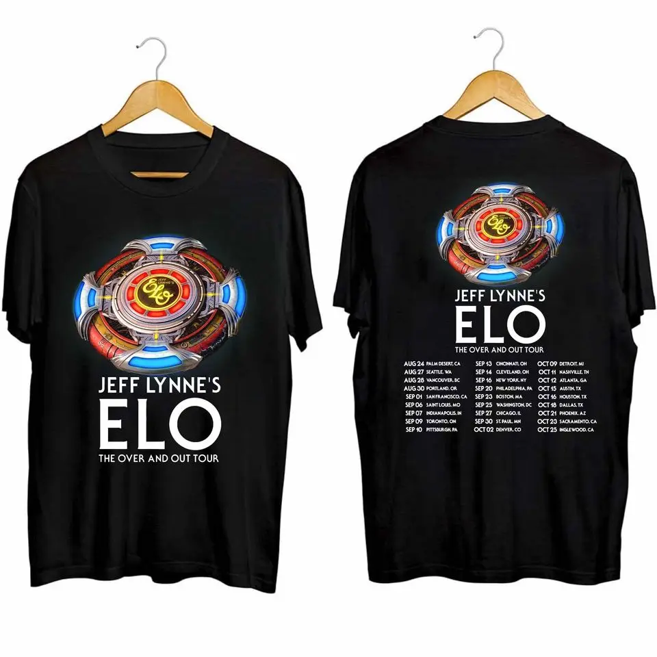 تي شيرت Jeff Lynne's ELO The Over and Out Tour 2024 على الوجهين تي شيرت عصري غير رسمي فضفاض ملابس الشارع الشهير رياضي برقبة مستديرة للجنسين
