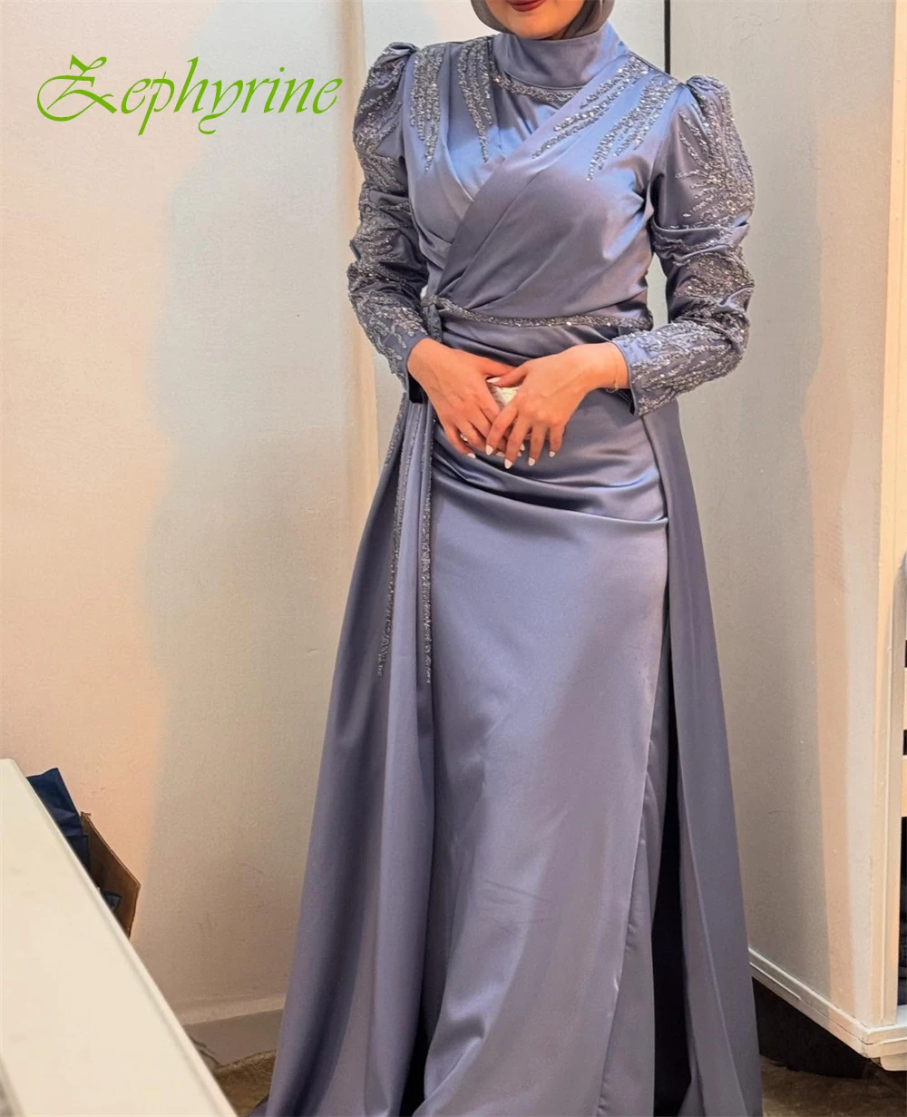 فستان سهرة مخصص بياقة عالية وأكمام طويلة من الساتان على شكل حرف A، فساتين رائعة للمناسبات الخاصة بطول الكاحل للحفلات الراقصة